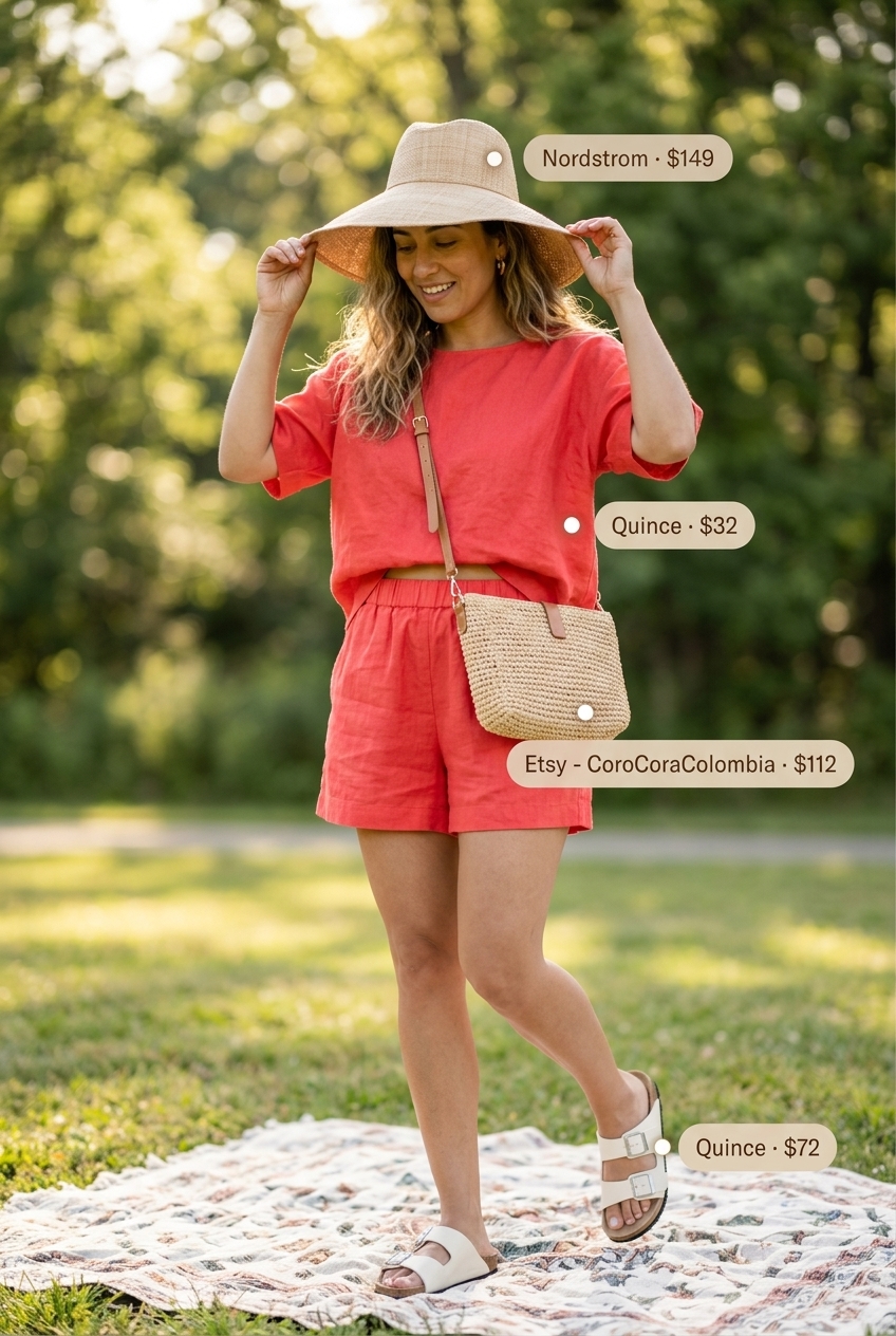 Playful coral linen set for picnic vintage summer outfits for women 2026, perfect for brunch.