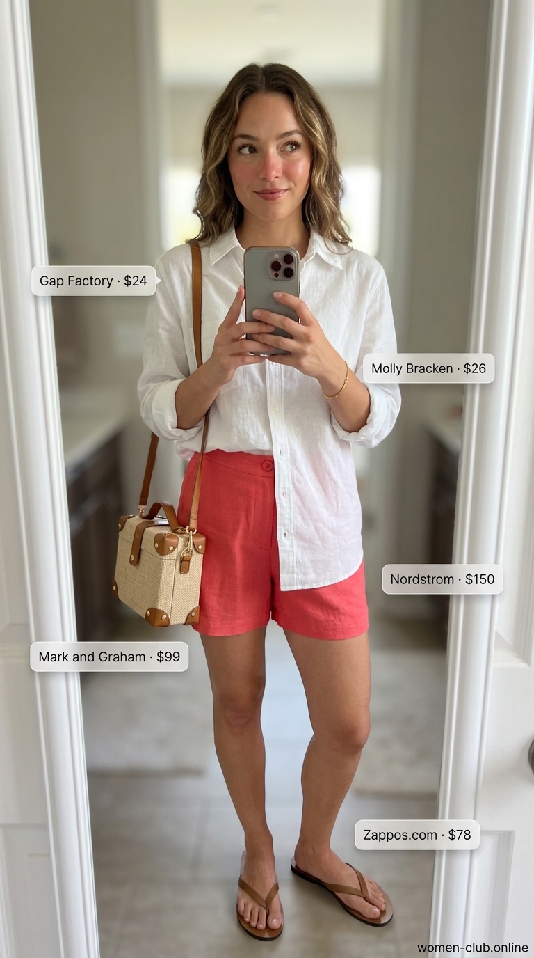 Chic coral linen shorts outfit for vintage summer outfits for women 2026, great for beach.