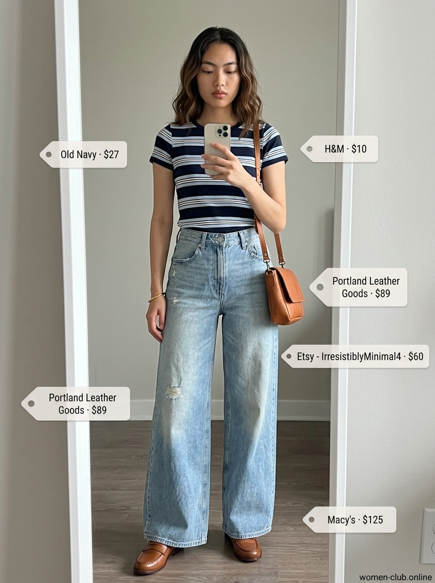 Classic wide-leg jeans outfit for vintage summer outfits for women 2026, great for city exploration.