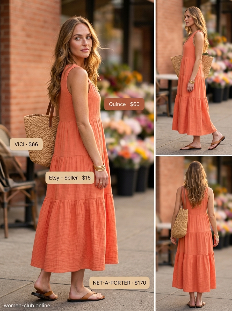 Vibrant coral maxi dress with leather sandals and straw tote for summer coffee dates. 20 Summer Coffee Date Outfits for Women 2026.