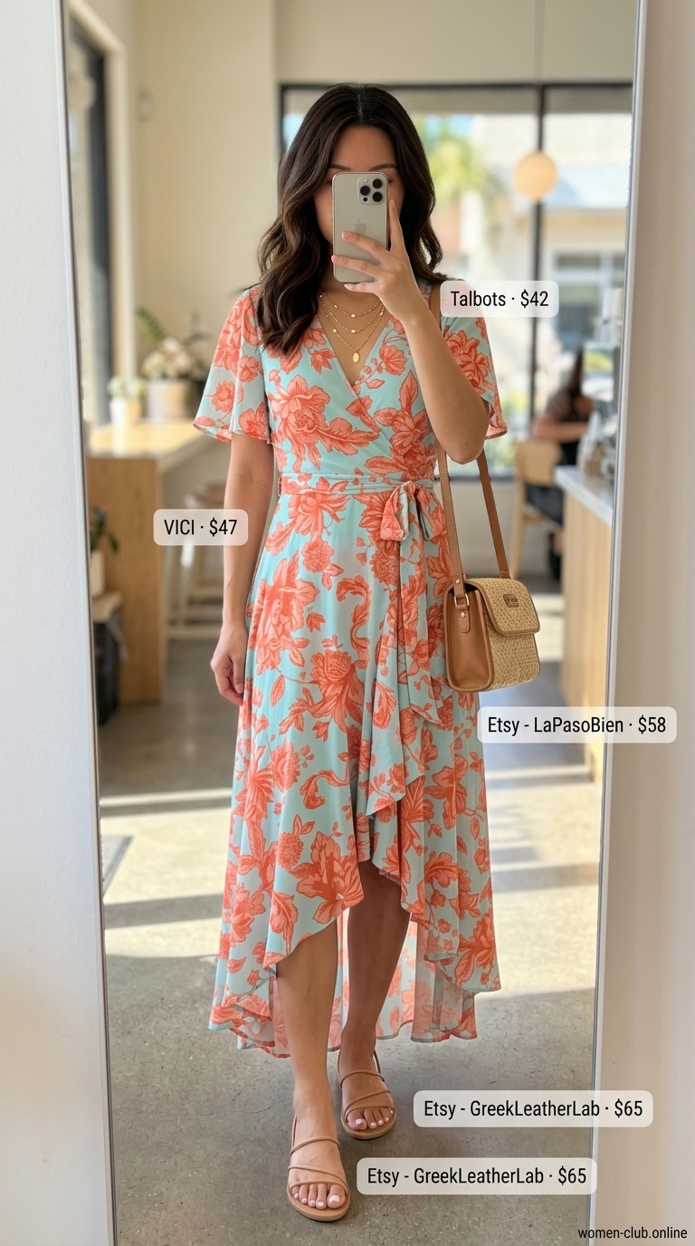 Coral floral midi wrap dress with strappy sandals for a summer coffee date. 20 Summer Coffee Date Outfits for Women 2026.
