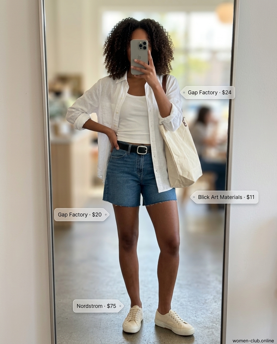 Casual denim shorts, white linen shirt, and sneakers for summer coffee dates. 20 Summer Coffee Date Outfits for Women 2026.