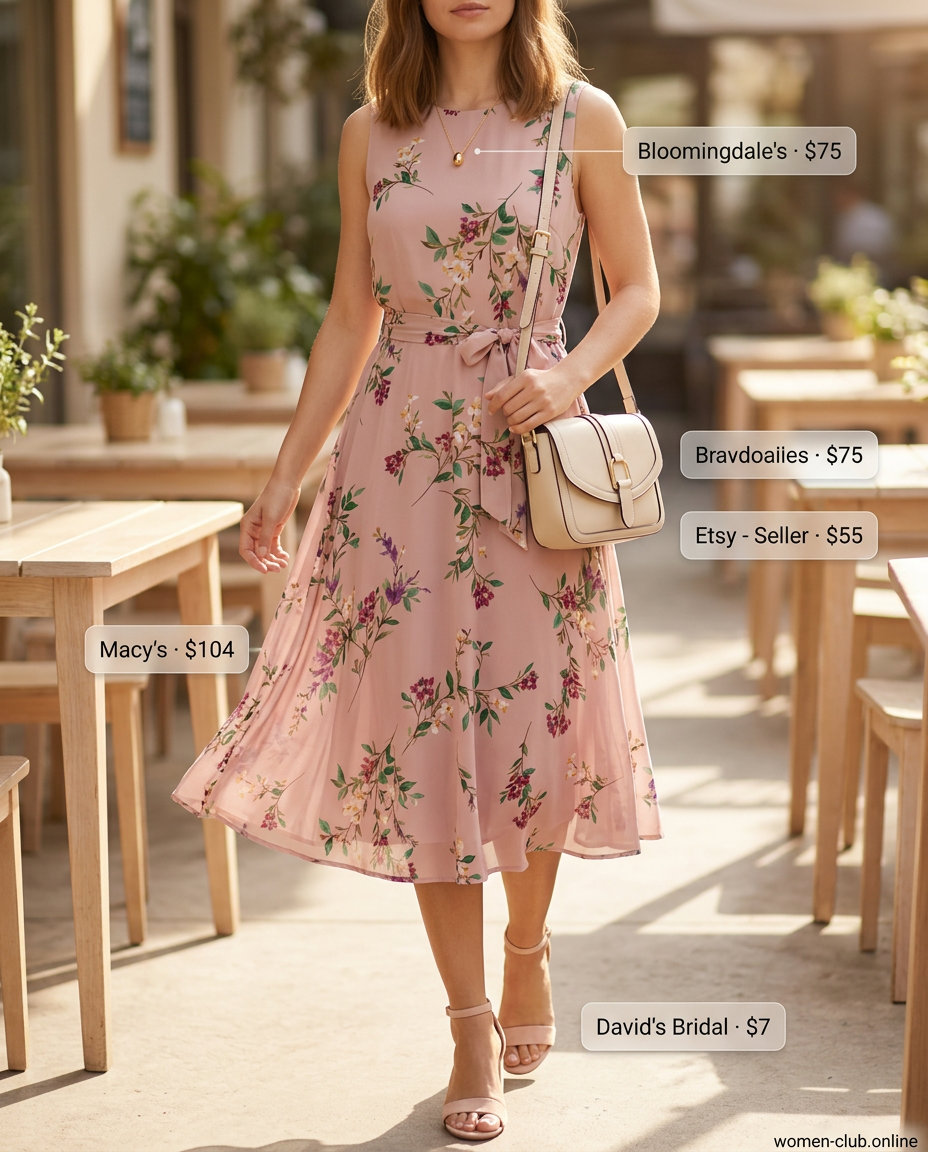 Pastel pink floral midi dress with block heel sandals for a summer coffee date. 20 Summer Coffee Date Outfits for Women 2026.