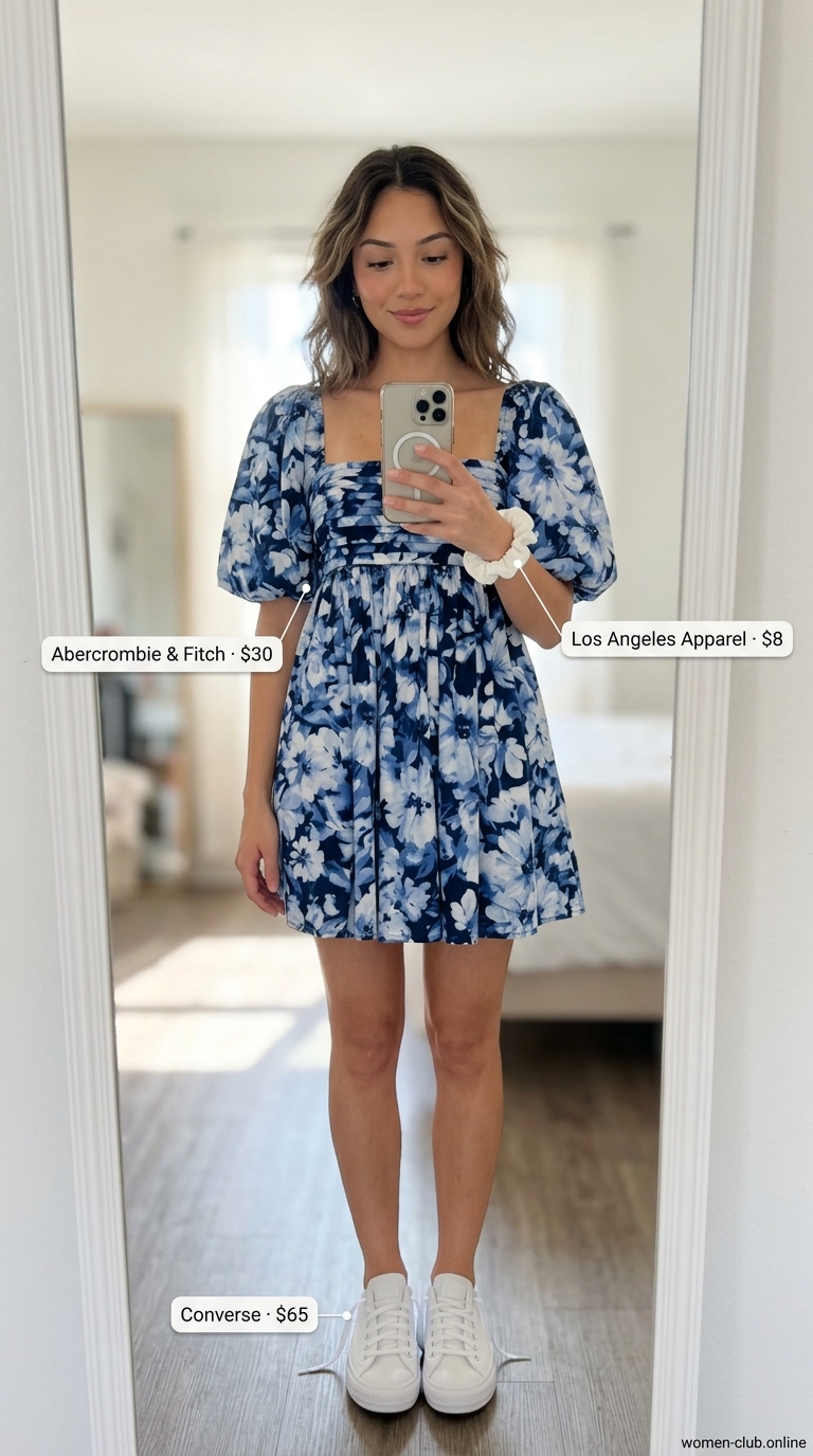 Pastel blue floral mini sundress with white sneakers for a summer coffee date. 20 Summer Coffee Date Outfits for Women 2026.