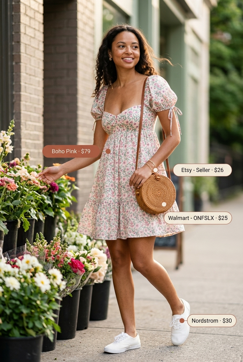 Pastel pink floral sundress with white sneakers for 20 Summer Coffee Date Outfits for Women 2026.