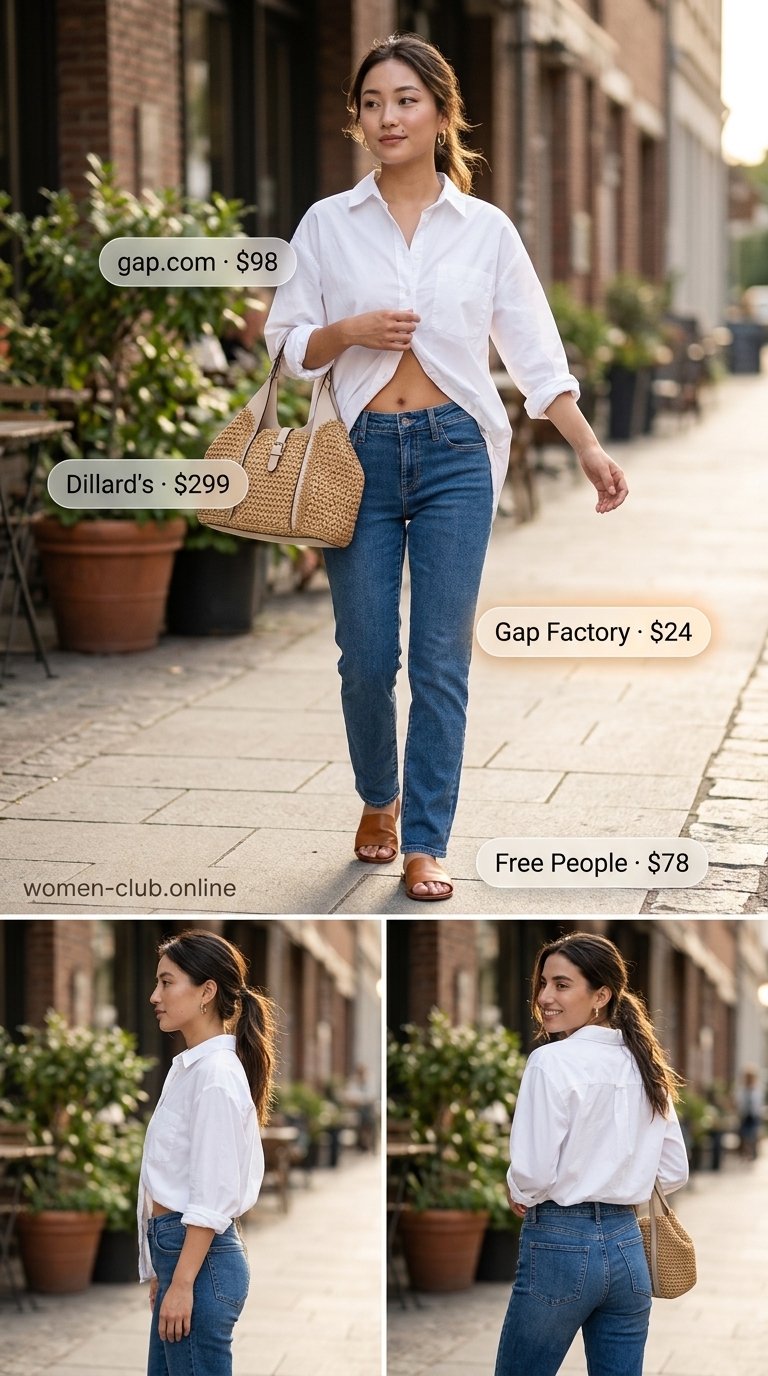 Medium wash straight leg jeans with white button-down shirt for summer coffee dates. 20 Summer Coffee Date Outfits for Women 2026.