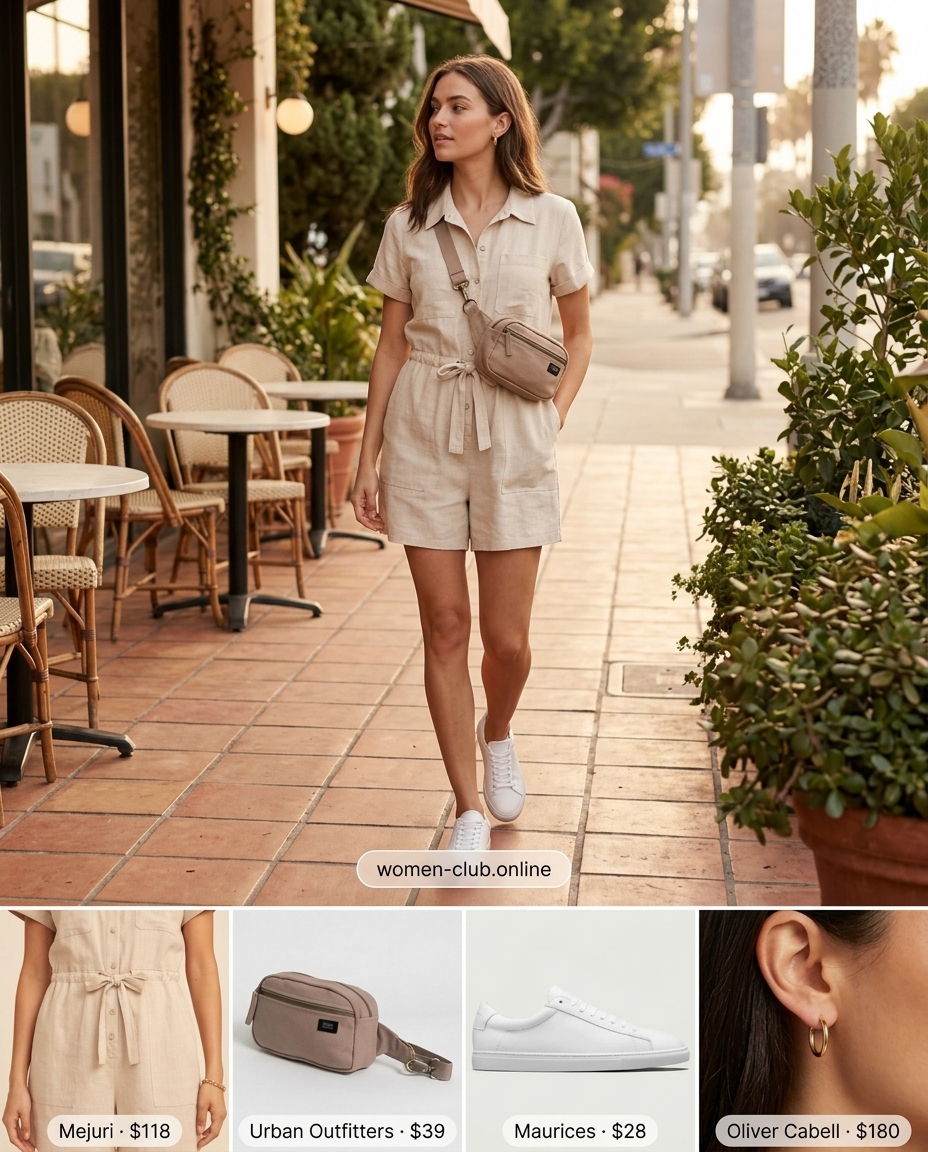 Khaki utility romper with white sneakers and a crossbody bag for summer coffee dates. 20 Summer Coffee Date Outfits for Women 2026.