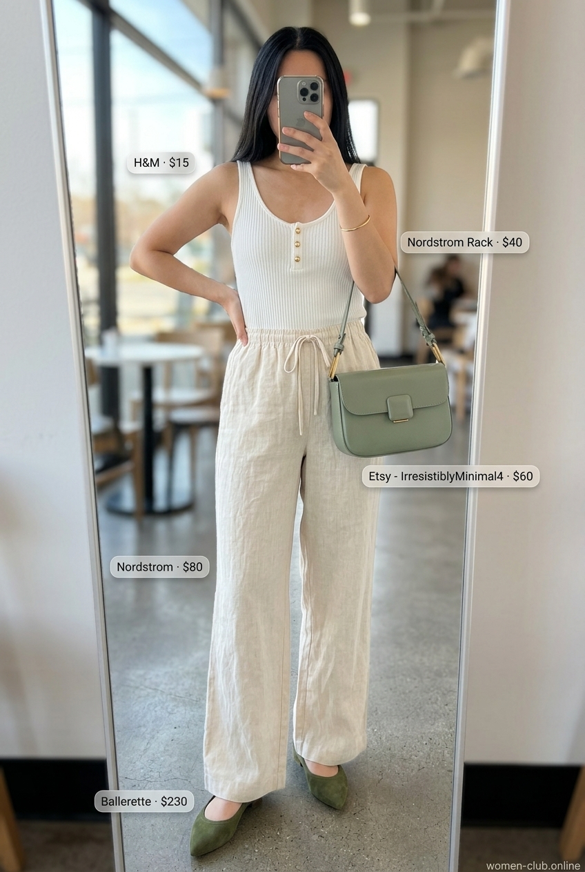 Cream linen pants with white tank and olive green flats for a summer coffee date. 20 Summer Coffee Date Outfits for Women 2026.