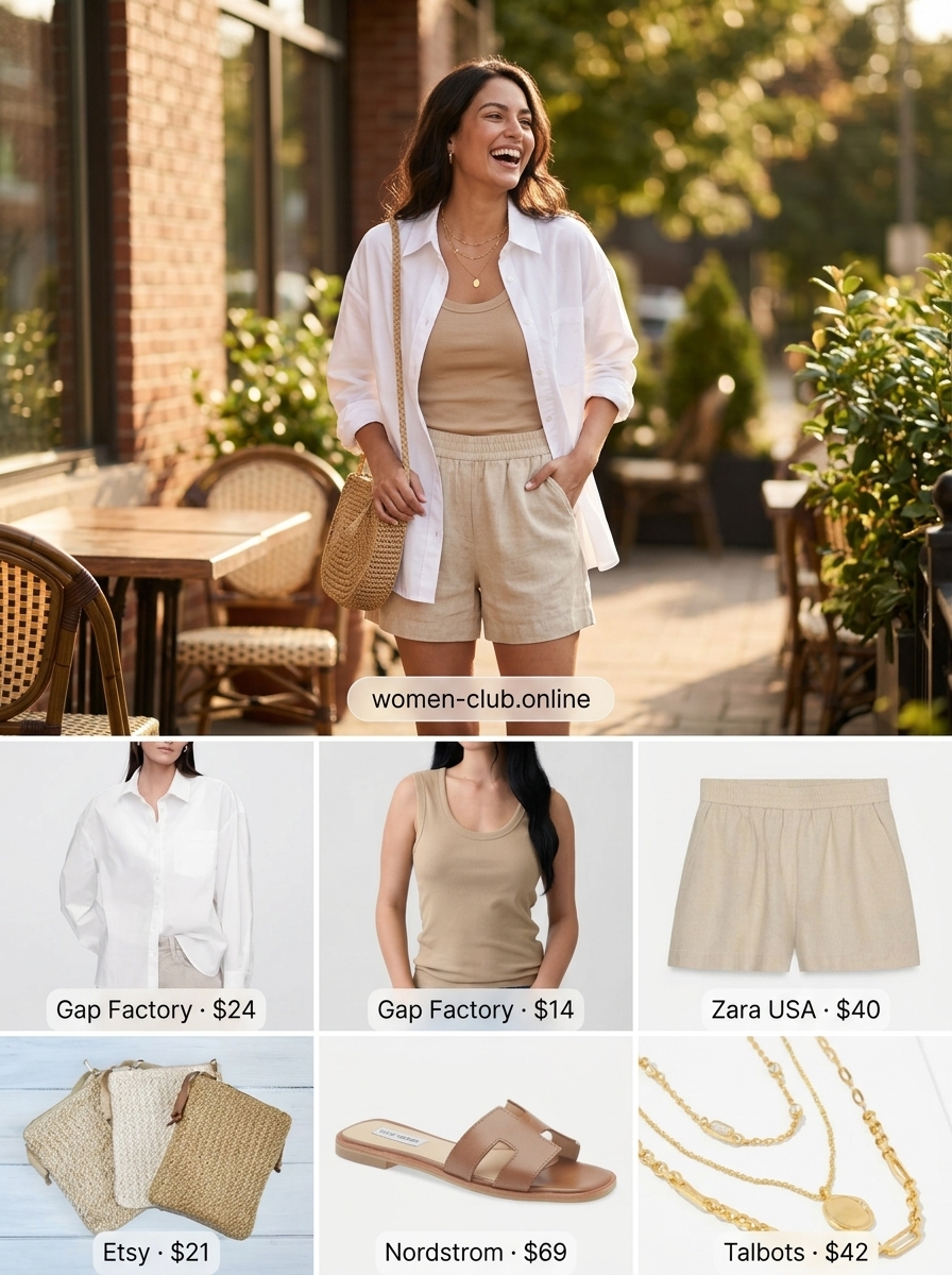 White oversized linen shirt with beige shorts for a summer coffee date. 20 Summer Coffee Date Outfits for Women 2026.