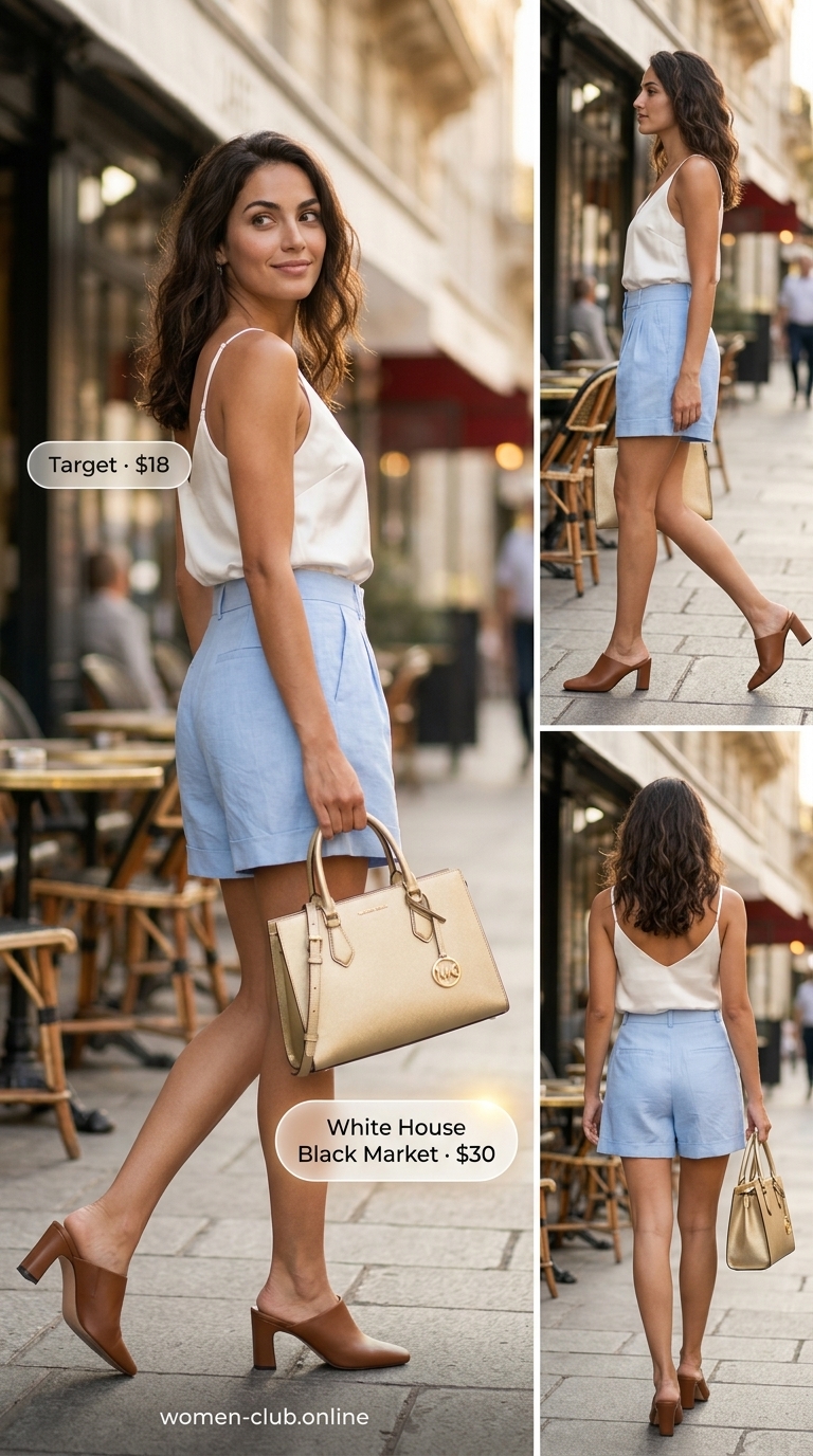 Navy tailored shorts with ivory silk blouse and block heel mules for a coffee date. 20 Summer Coffee Date Outfits for Women 2026.