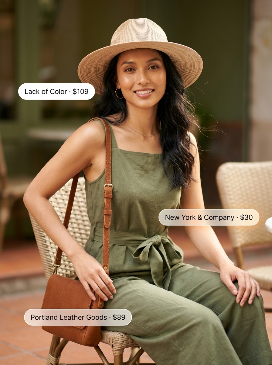 Olive green linen jumpsuit with tan sandals and straw hat for 20 Summer Coffee Date Outfits for Women 2026.