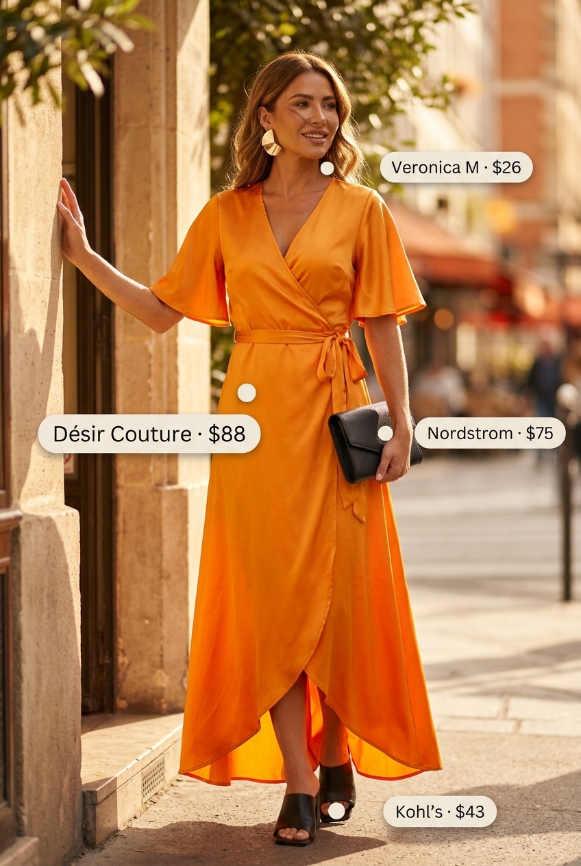 Mango orange satin midi dress with black mules for 20 Summer Coffee Date Outfits for Women 2026.