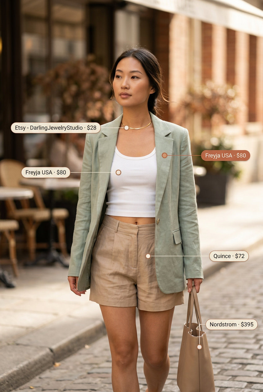 Sage green linen shorts set with tan sandals for 20 Summer Coffee Date Outfits for Women 2026.