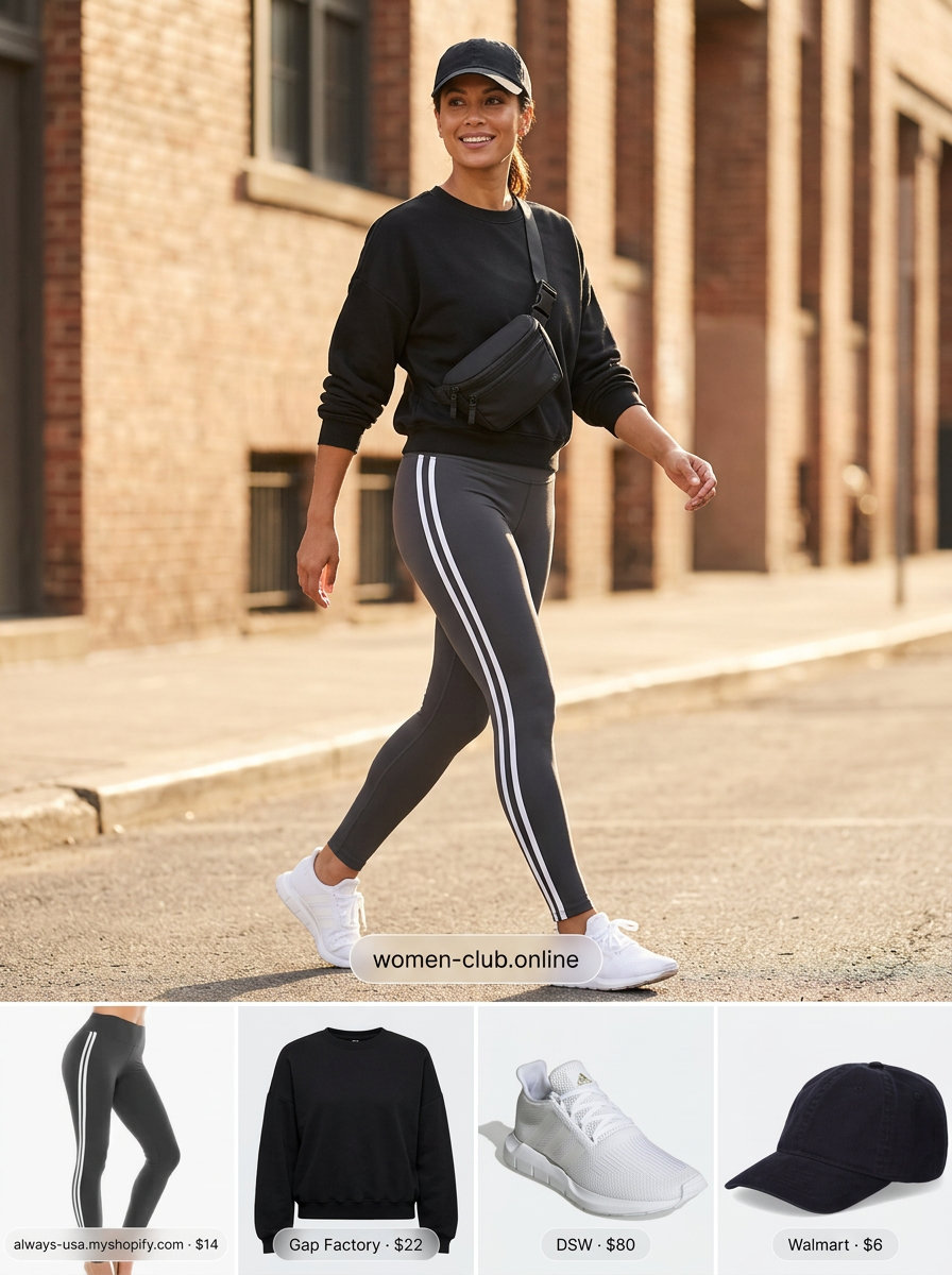 Athleisure outfit with charcoal grey leggings and a black sweatshirt. 20 Summer Stripe Outfits for Women 2026.