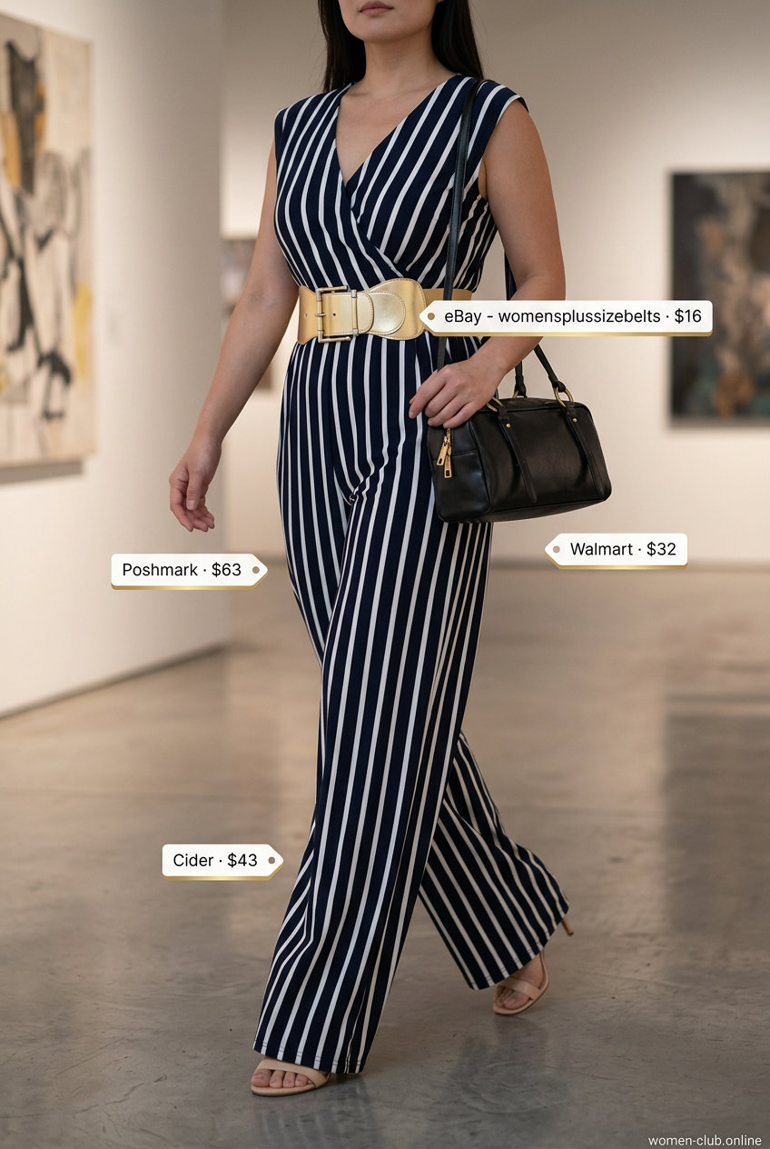 Elegant navy and white striped wide-leg jumpsuit for summer evening events. Sophisticated cocktail party outfit.