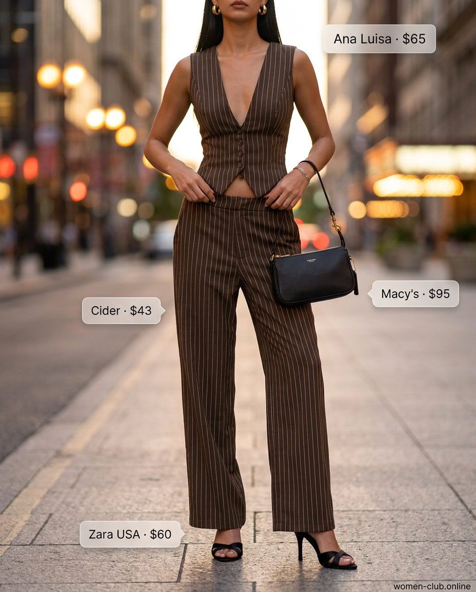 Glamorous evening outfit with a deep teal & gold striped matching set. 20 Summer Stripe Outfits for Women 2026.
