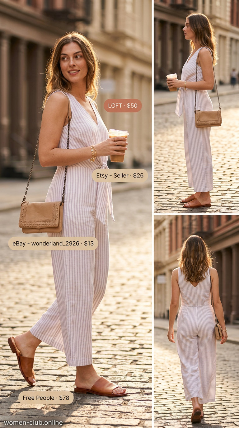 Effortless beige and white striped linen jumpsuit for summer day outs. Chic and comfortable travel outfit.