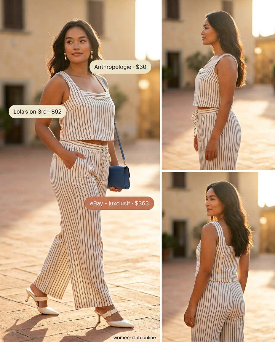 Sophisticated navy and cream stripe matching set for summer evening events. Chic pants and tank with gold accessories.