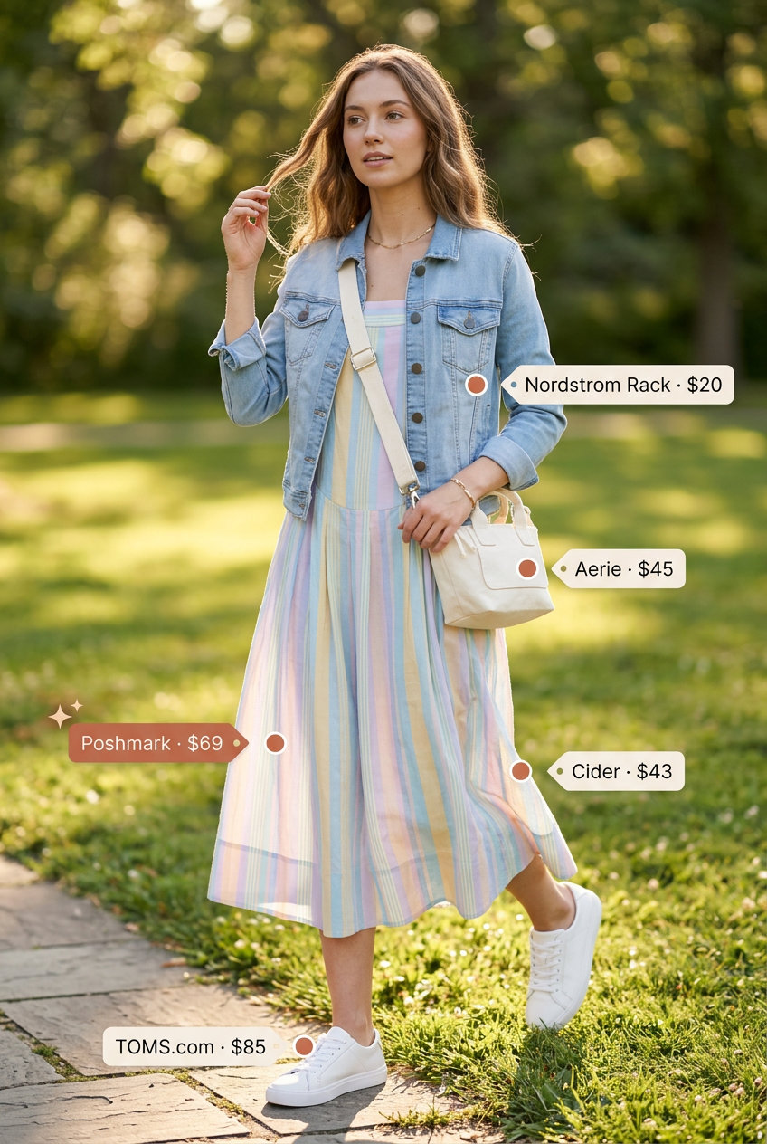 Sweet pastel multi-stripe midi dress for summer picnics. Casual and playful outfit with denim jacket and sneakers.