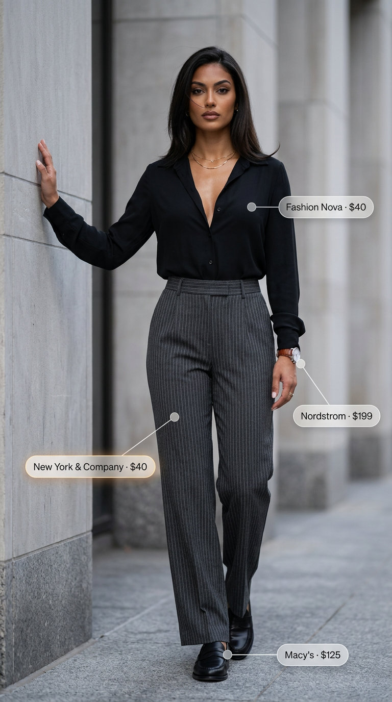 Polished office outfit with charcoal grey pinstripe trousers and white button-down. 20 Summer Stripe Outfits for Women 2026.