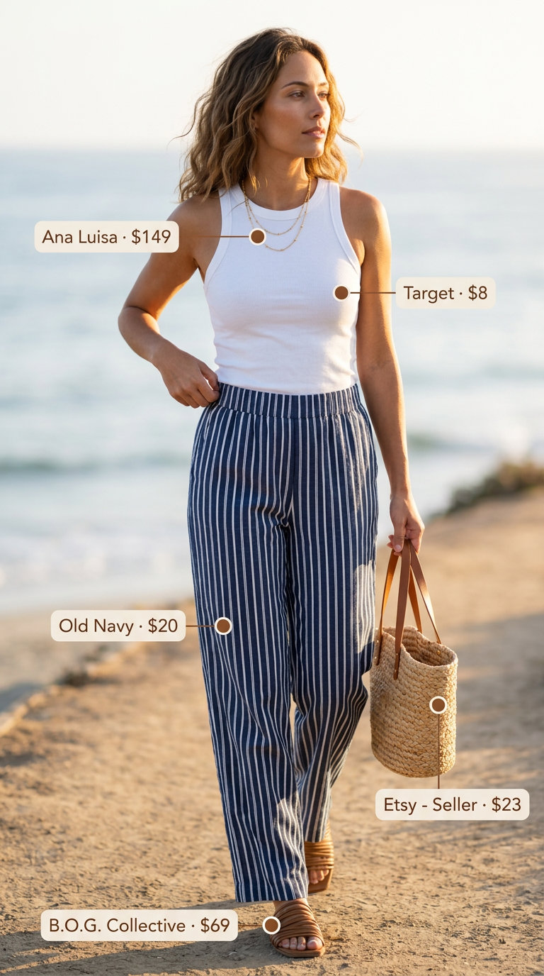Relaxed seaside serenity outfit with navy and white pinstripe pants and a white tank top. Coastal vacation style.