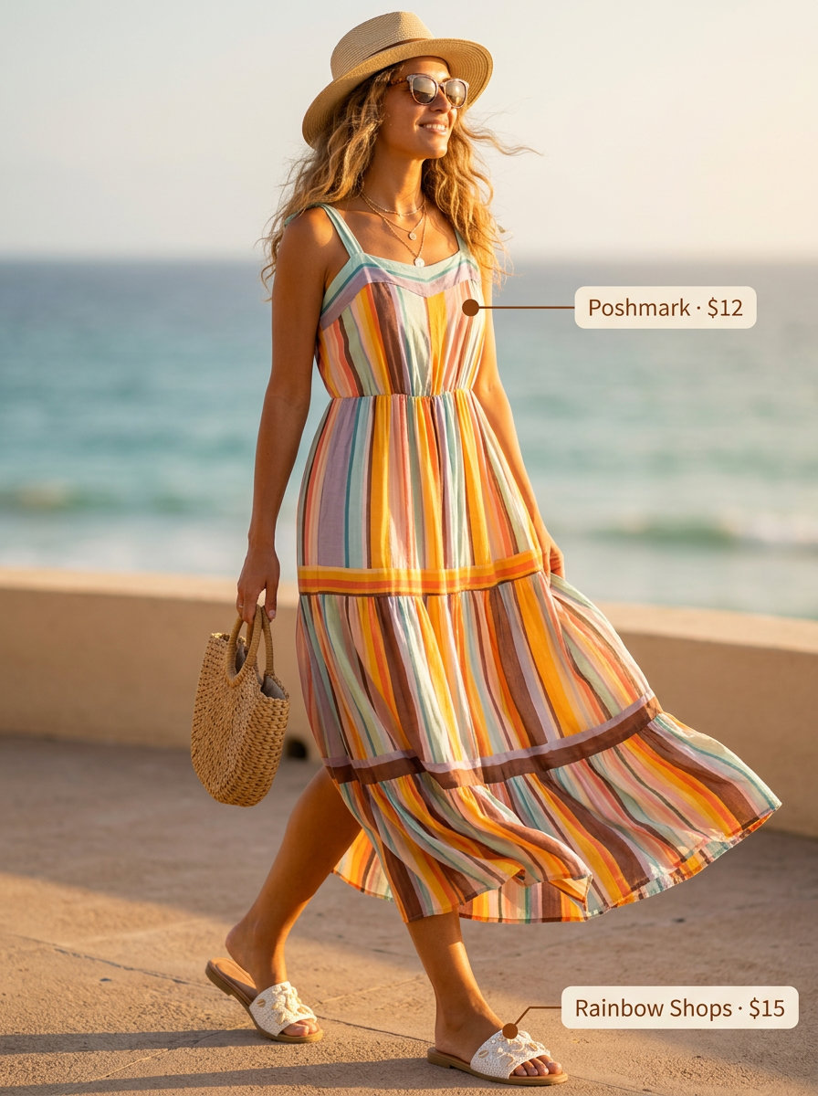 Vibrant vacation-ready maxi dress with bold vertical stripes. Bohemian beach resort outfit with straw accessories.