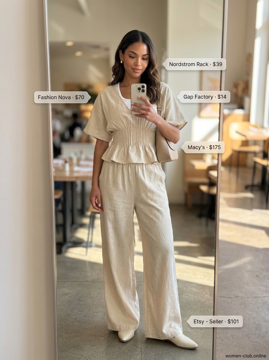 Soft beige linen-blend matching set with mules and a shoulder bag for a chic coffee date.