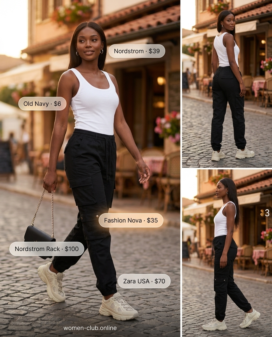 Black cargo pants, white tank top, and sneakers for a chic, casual coffee date outfit.