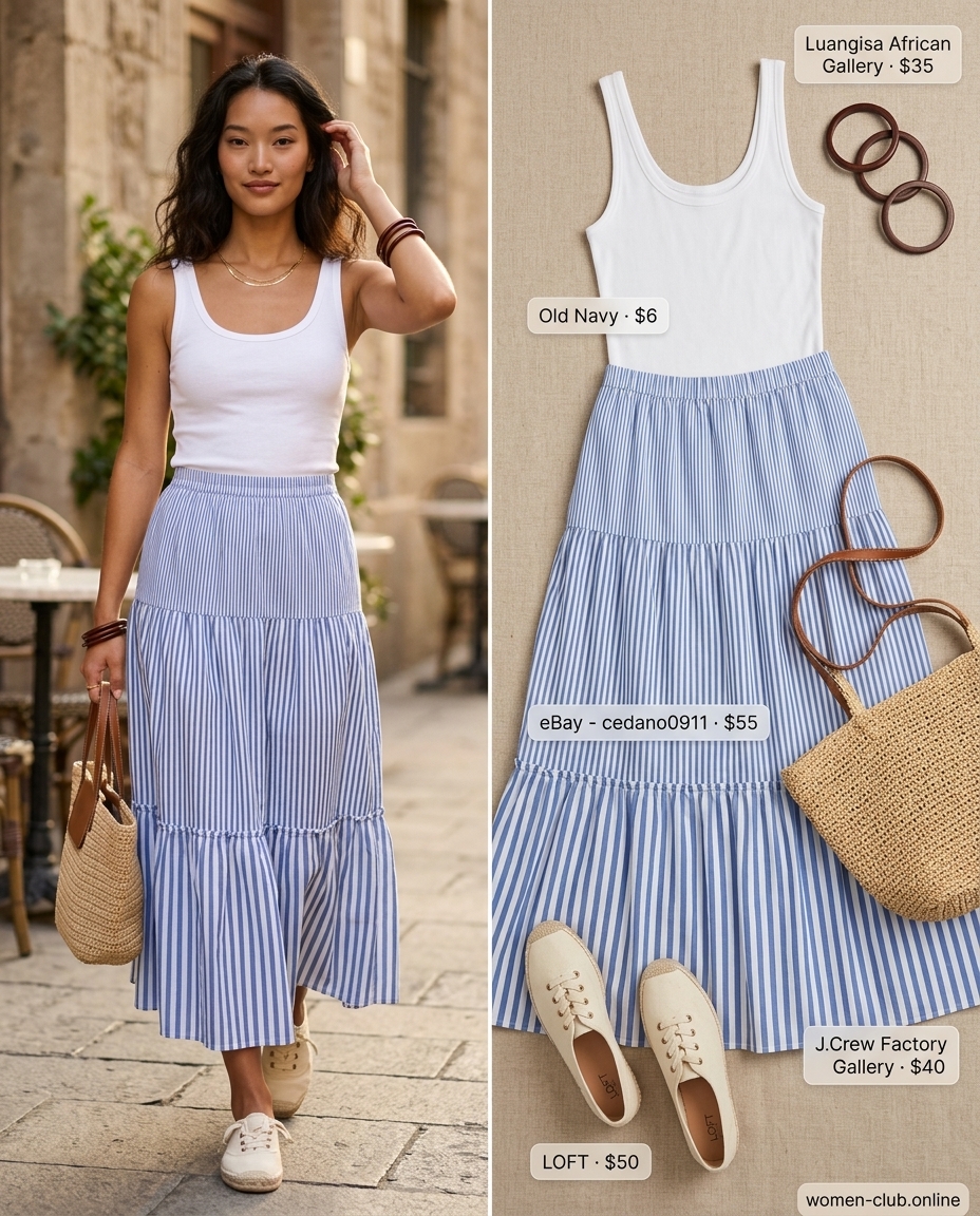 Soft blue striped maxi skirt with a white tank, espadrilles, and straw tote for a coastal coffee date.