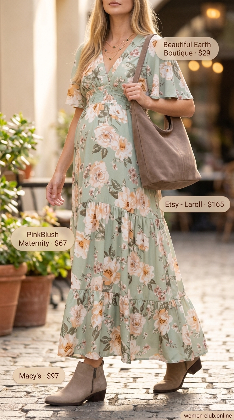 Boho floral maxi dress with suede boots and layered necklaces for a garden cafe coffee date.