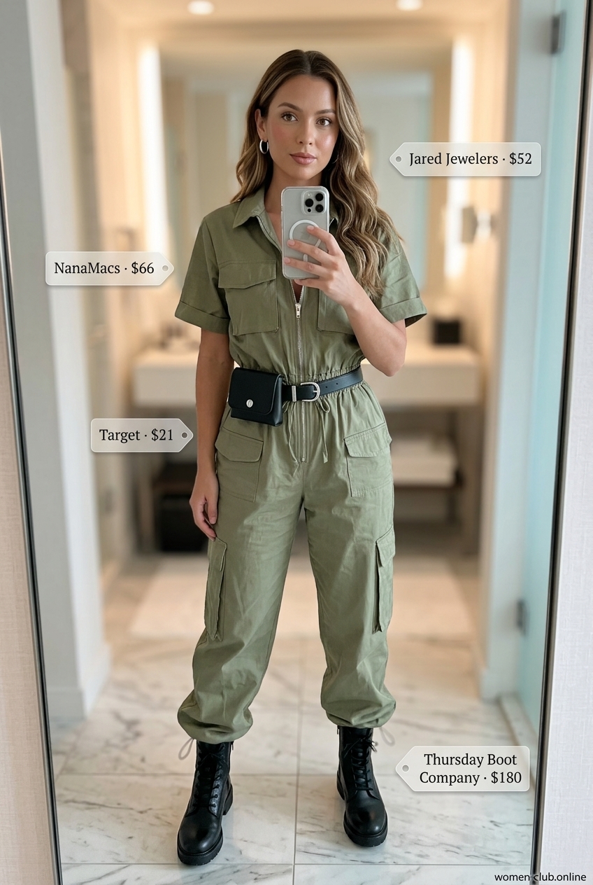Khaki utility jumpsuit with combat boots and a belt bag for a cool, edgy summer coffee date outfit.