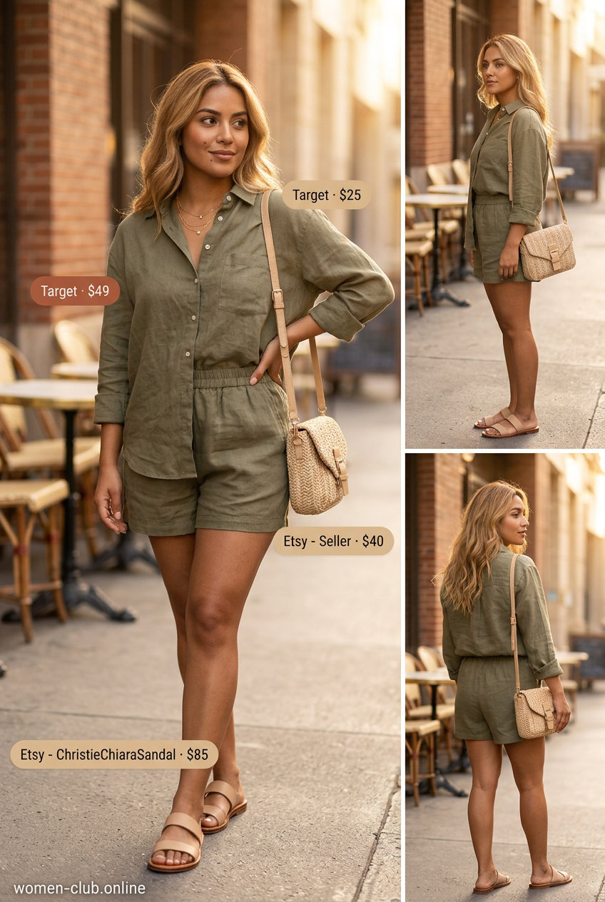 Olive green linen shorts set with slide sandals and layered necklaces for a relaxed summer coffee date.