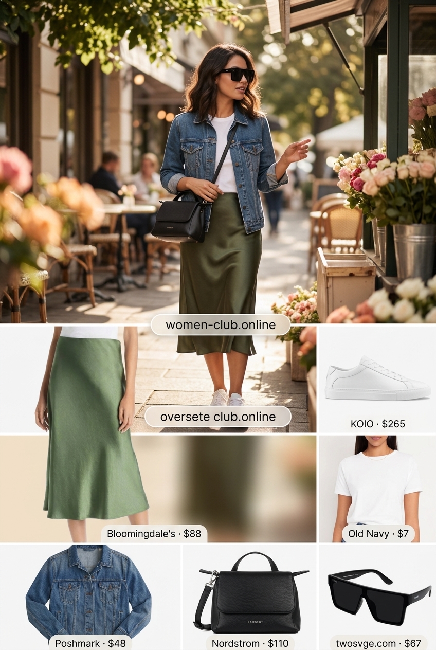 Olive green satin midi skirt, white tee, denim jacket, and sneakers for a modern coffee date.