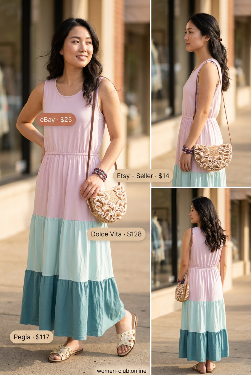 Boho maxi dress with pastel stripes, raffia bag, and flat sandals for a summer festival.
