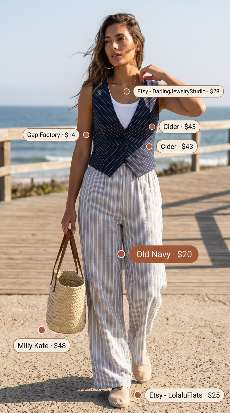 Coastal breeze outfit with navy and white striped pants, cream tank, and straw tote bag.