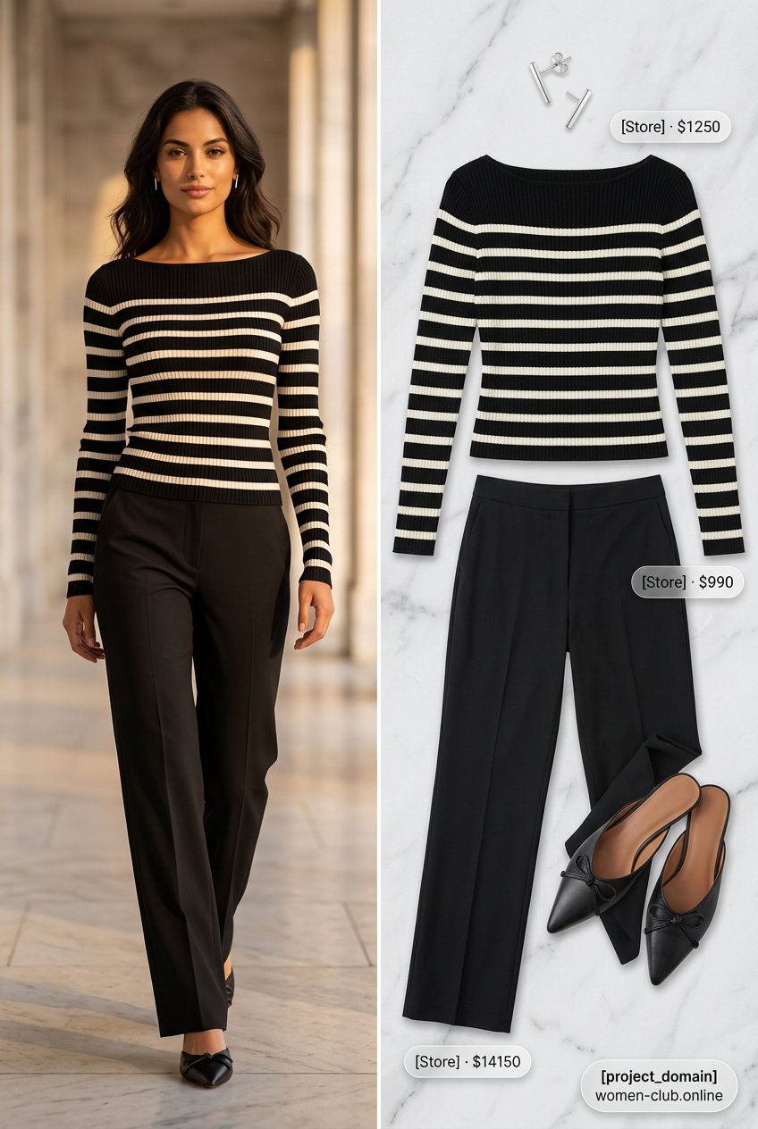 Modern minimalist outfit with a striped knit top, black pants, and pointed-toe mules.