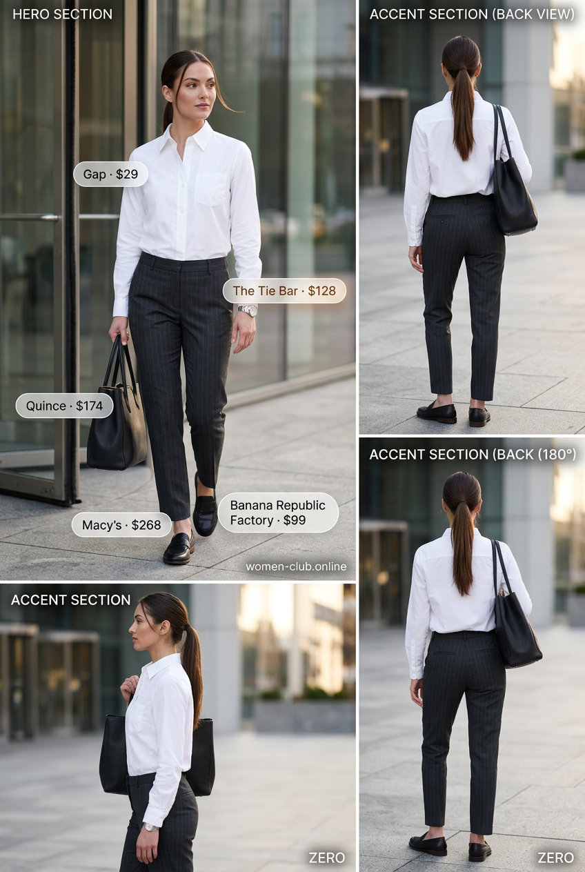 Tailored professional outfit with charcoal grey striped pants, white button-down, and loafers.