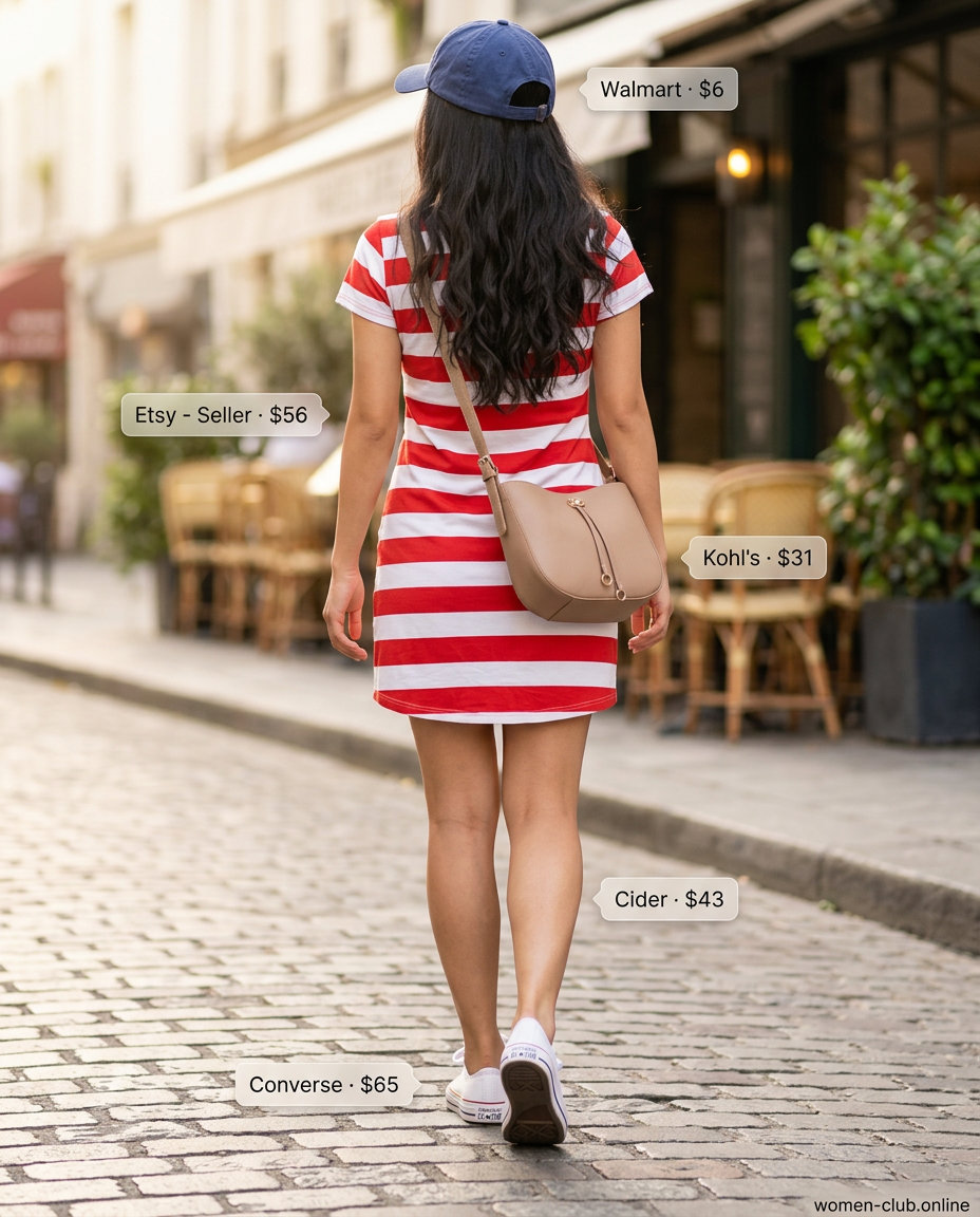 Red and white striped t-shirt dress with a baseball cap and sneakers for a casual summer outfit.