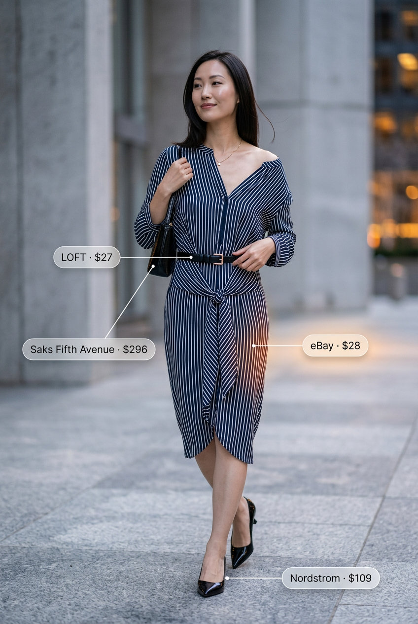 Sophisticated city chic outfit with a blue and white striped wrap dress and black accessories.