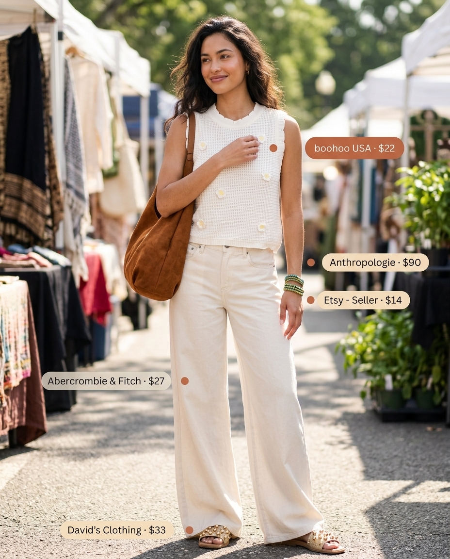 Boho Summer white jeans outfit: crochet crop top, wide-leg jeans, embellished sandals, suede bag. Free-spirited style.