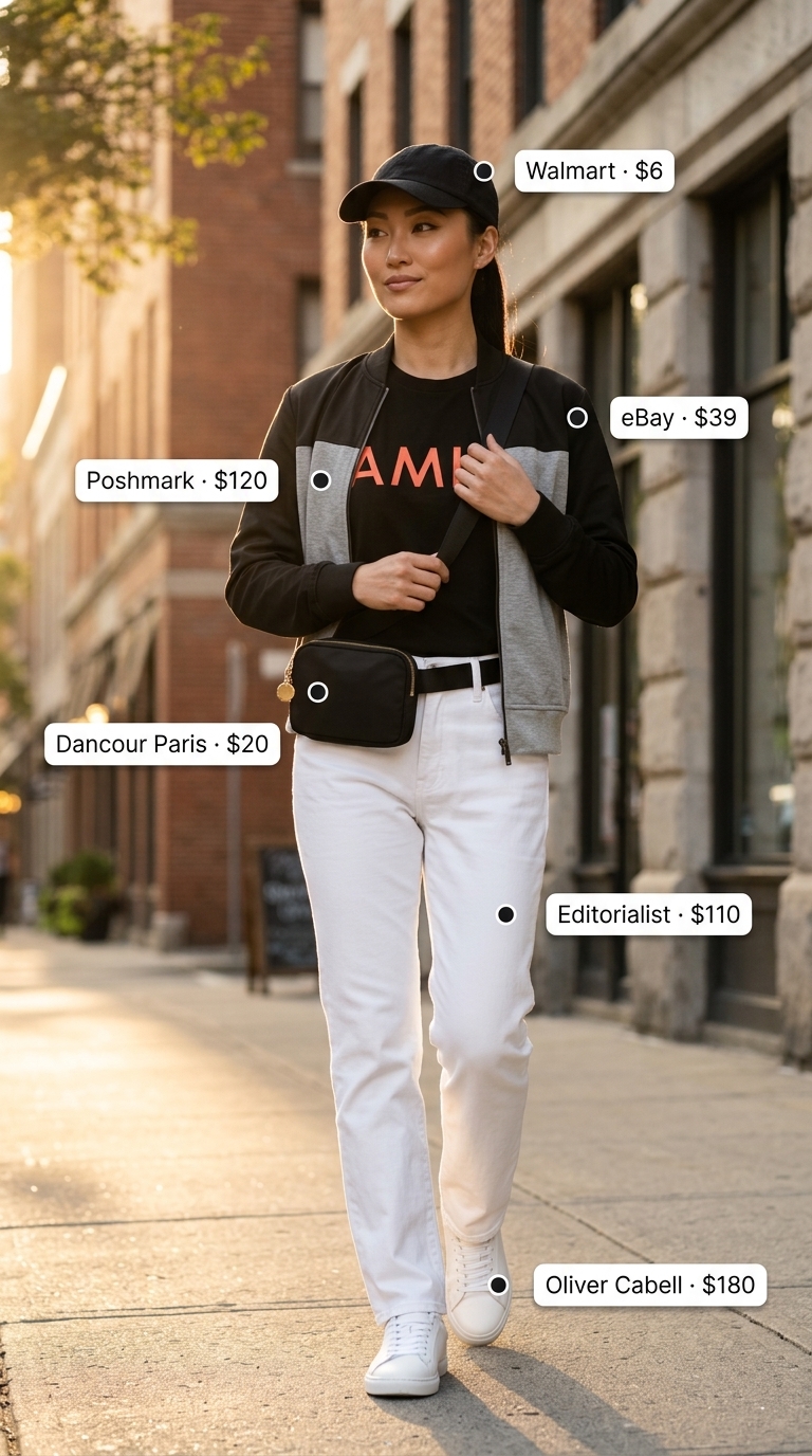 Casual Weekend white jeans outfit: bomber jacket, graphic tee, sneakers, baseball cap. Cool streetwear.