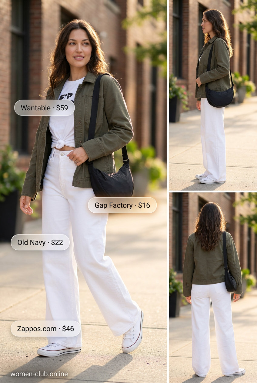 Casual Weekend white jeans outfit: graphic tee, black cap, crossbody bag, white sneakers. Laid-back style.