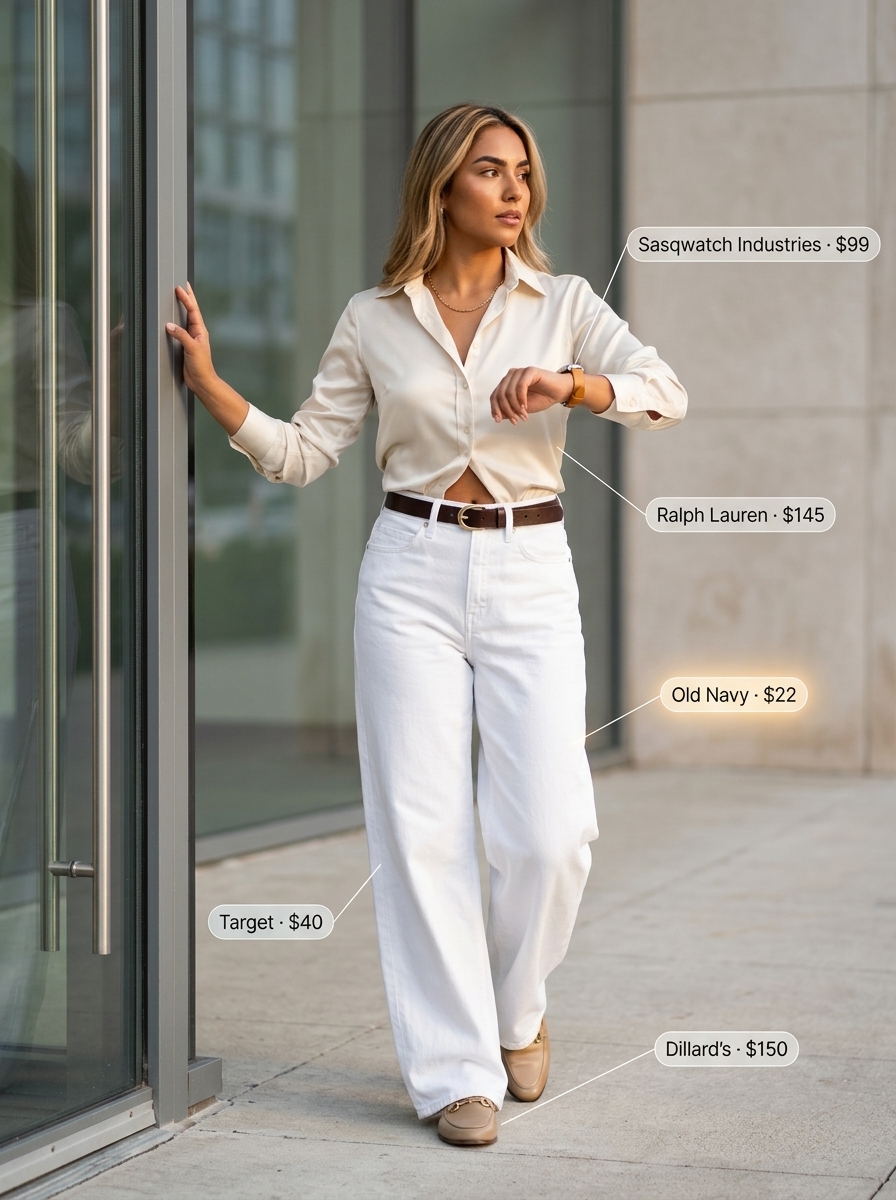 Chic Office white jeans outfit: ivory satin blouse, tan loafers, blue tote. Professional and polished.