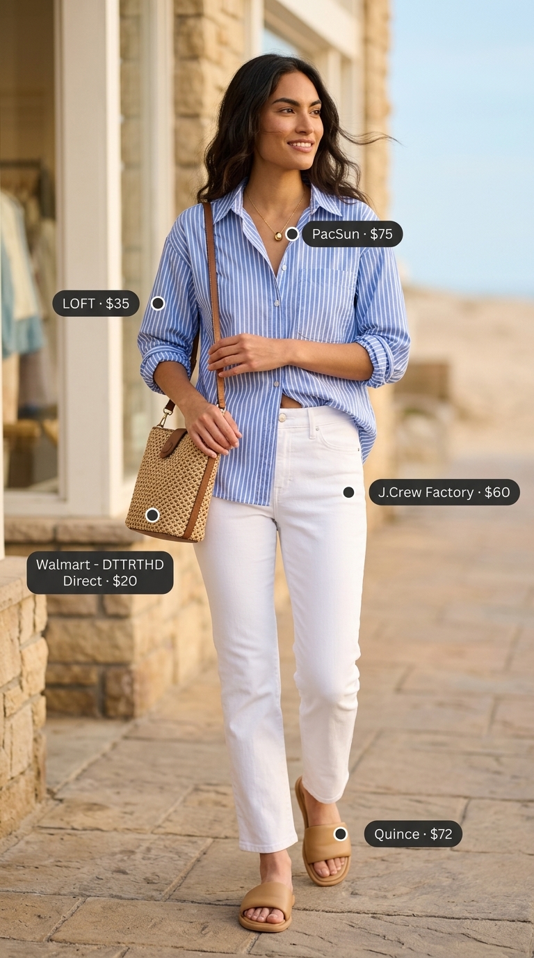 Coastal Breeze white jeans outfit: striped linen shirt, gold necklace, tan slides, straw bag. Effortless vacation style.