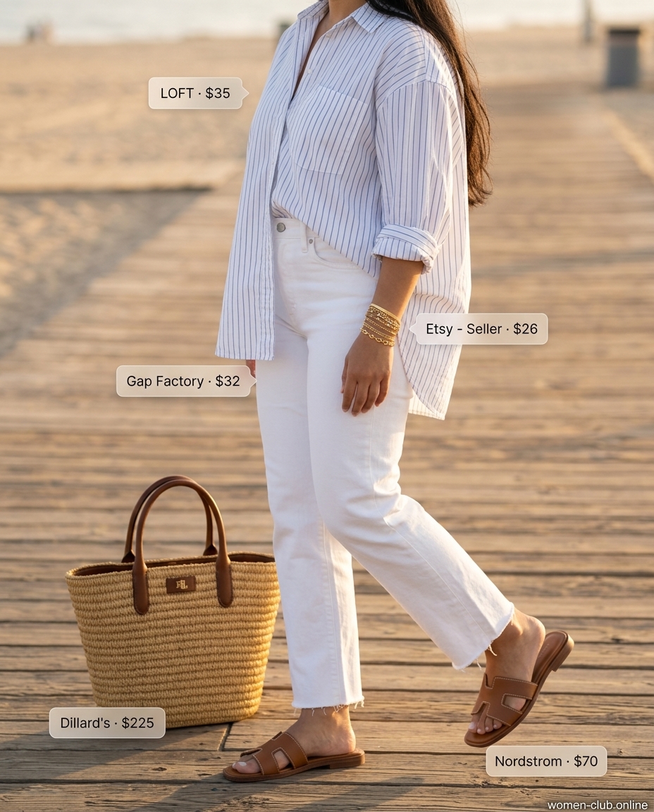 Coastal Breeze white jeans outfit: oversized blue stripe shirt, tan slides, straw tote. Perfect for summer casual day out.