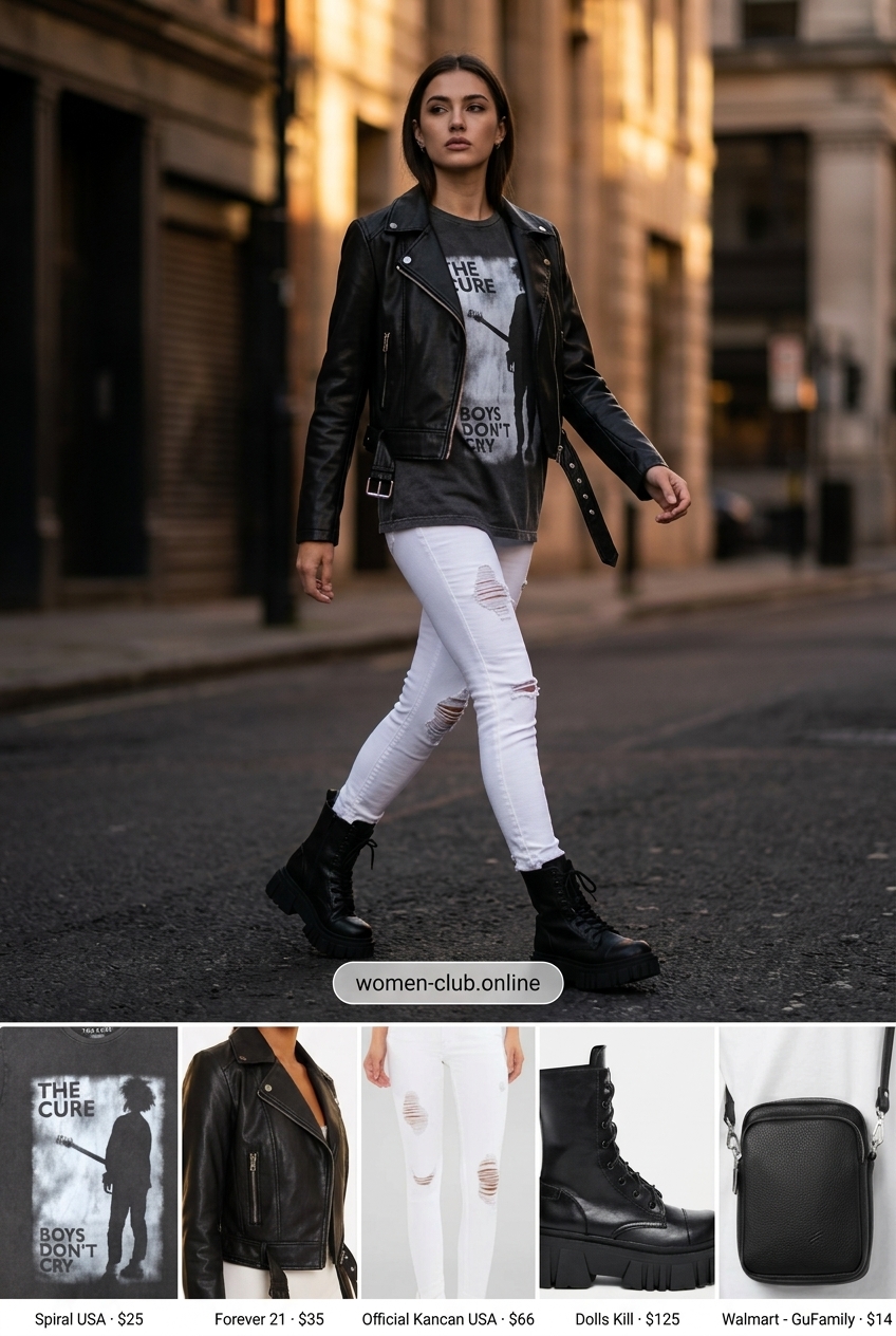 Edgy summer concert outfit with white ripped jeans, black moto jacket, and band tee. 20 Summer White Jeans Outfits for Women 2026.