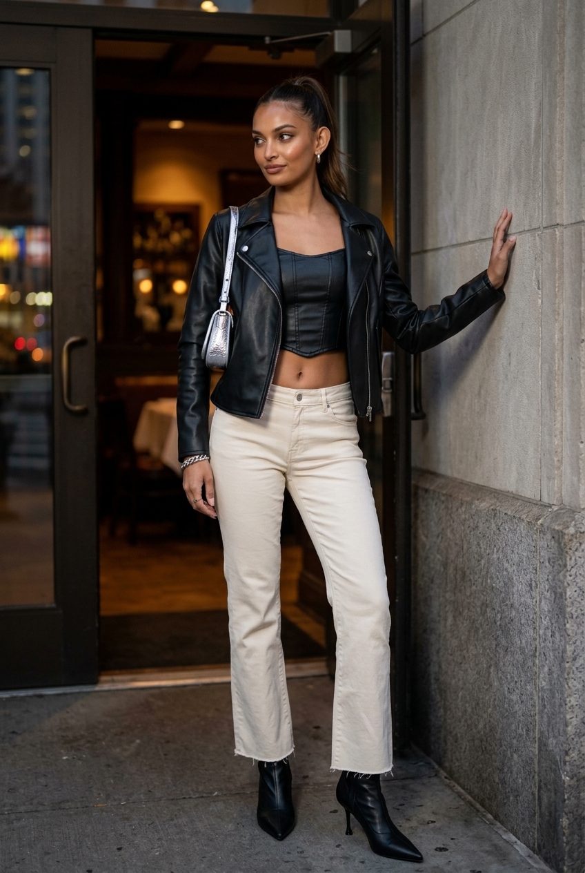 Urban night out outfit with white flare jeans, black corset top, and moto jacket. 20 Summer White Jeans Outfits for Women 2026.
