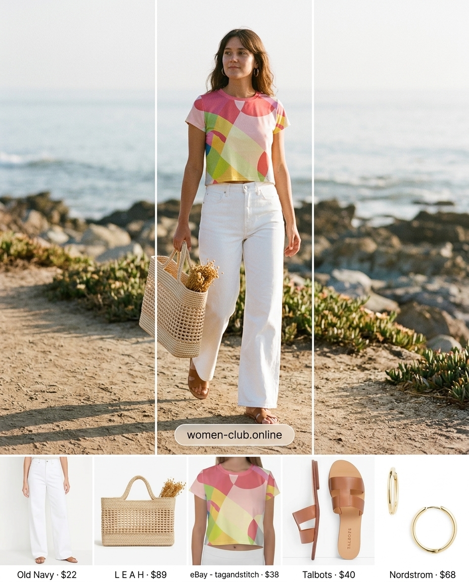Vacation outfit with white jeans, a multi-color print crop top, and tan slides. 20 Summer White Jeans Outfits for Women 2026.