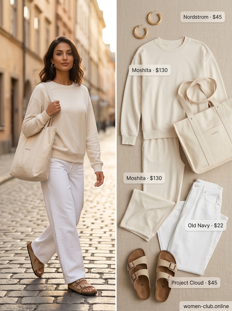 Elevated athleisure set with white knit pants and sweater, beige slides, and tote.