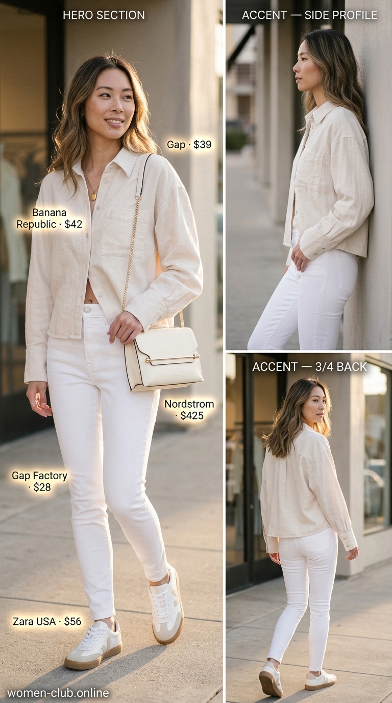 Modern minimalist outfit with white jeans, beige oversized shirt, and white sneakers for casual errands.